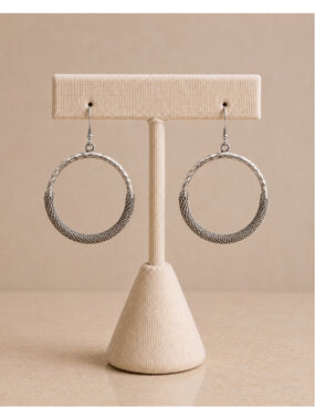 Silver Tone Textured Hoop Earrings | Boho Lightweight Circle Dangle